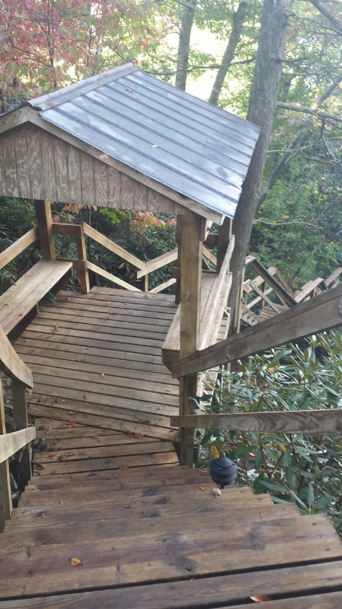 Metal roofed shelter over wooden steps on a wooded walkway — Skylight Repair & Installation work by our crew in Morgan City