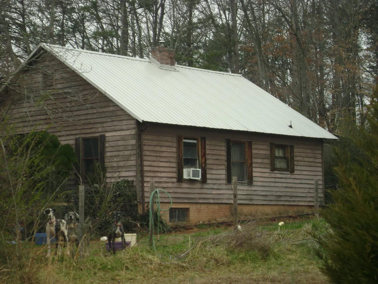 White metal roof on an old wood sided farmhouse, from a Metal Roof Installation job in Morgan City